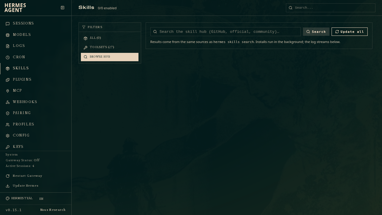 Skills admin page — the Browse hub view: search, install, and update