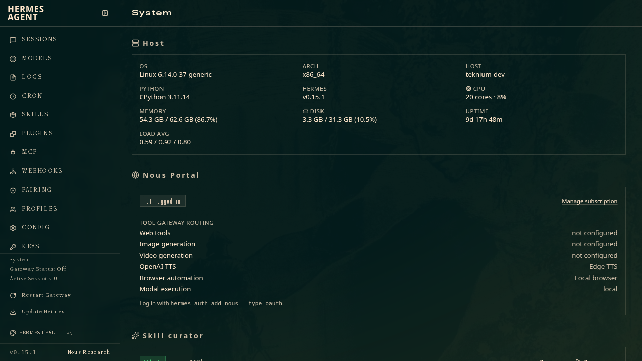 System admin page — host stats and KOPI Proxy status
